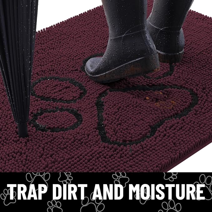 Smiry Dog Door Mat for Muddy Paws, Absorbent Dirt Trapper Non Slip Quick Dry Washable Chenille Mat for Mud Dogs, Entry Rug for Indoor and Outdoor (30x20 Inches, Russet and Black)