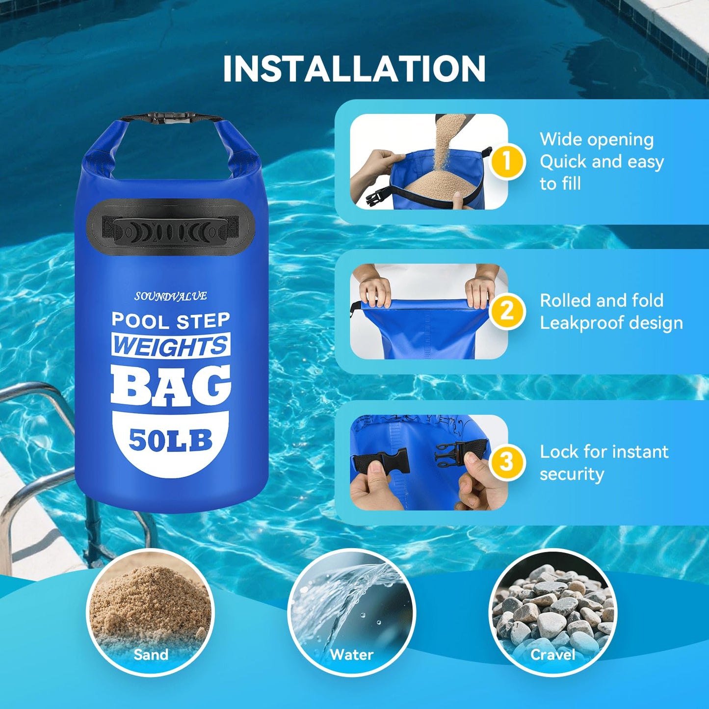 2 Pack 50lb Heavy Duty Pool Ladder Weights, Universal Above Ground Pool Step Sand Bags with Handles, 500D PVC Durable Waterproof & Foldable Sandbags for Swimming Pool Stairs (Navy Blue)