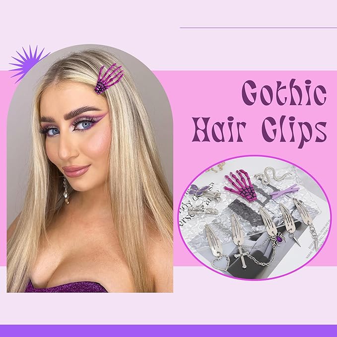 10PCS Y2K Hair Clips Purple Punk Hair Snap Clips Pastel Goth Dangle Spider Skeleton Cross Ghost Snake Halloween Hair Accessories for Women Girls