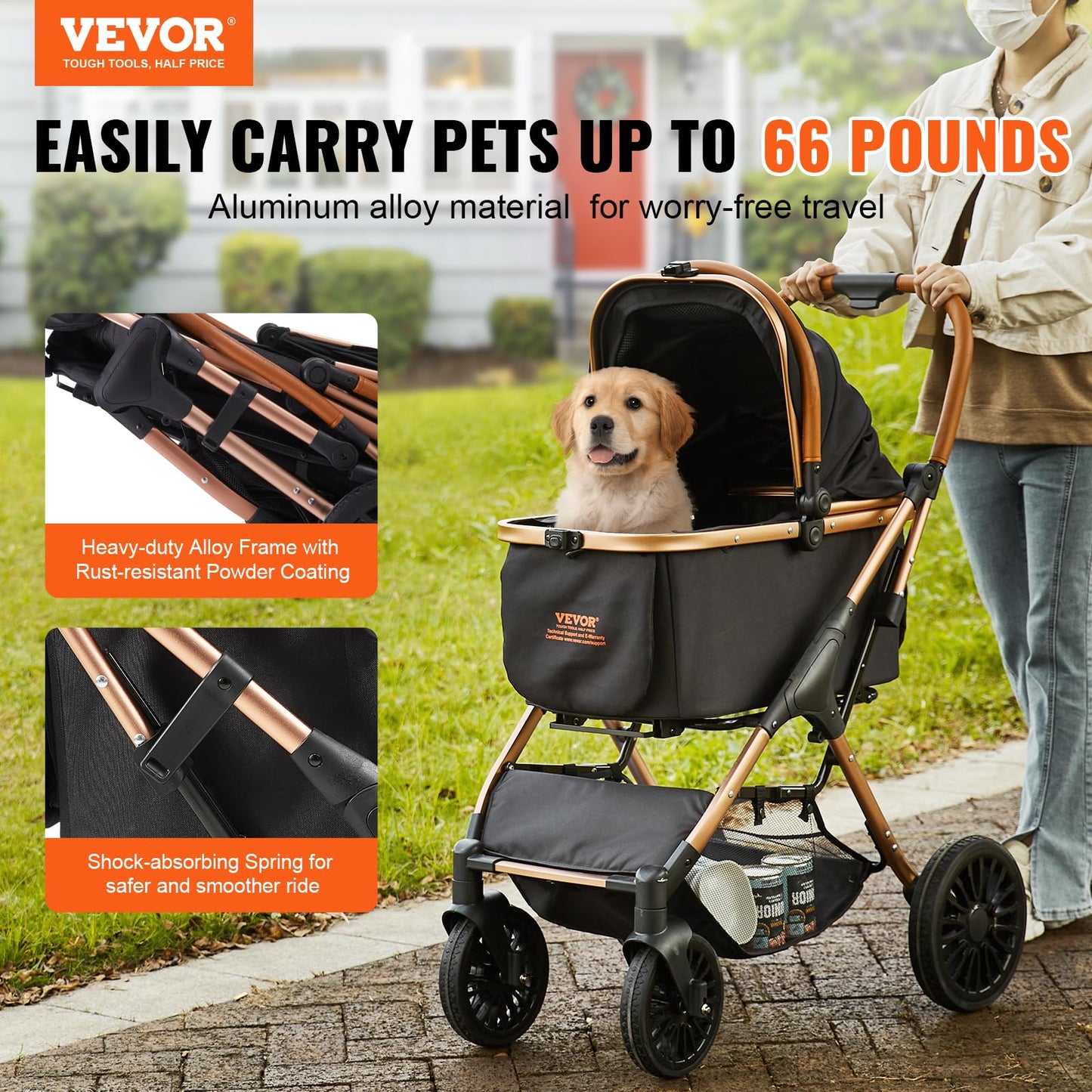 VEVOR Large Pet Stroller for Medium Large Dogs and Cats, Up to 66lbs, Detachable Carrier and Storage Basket