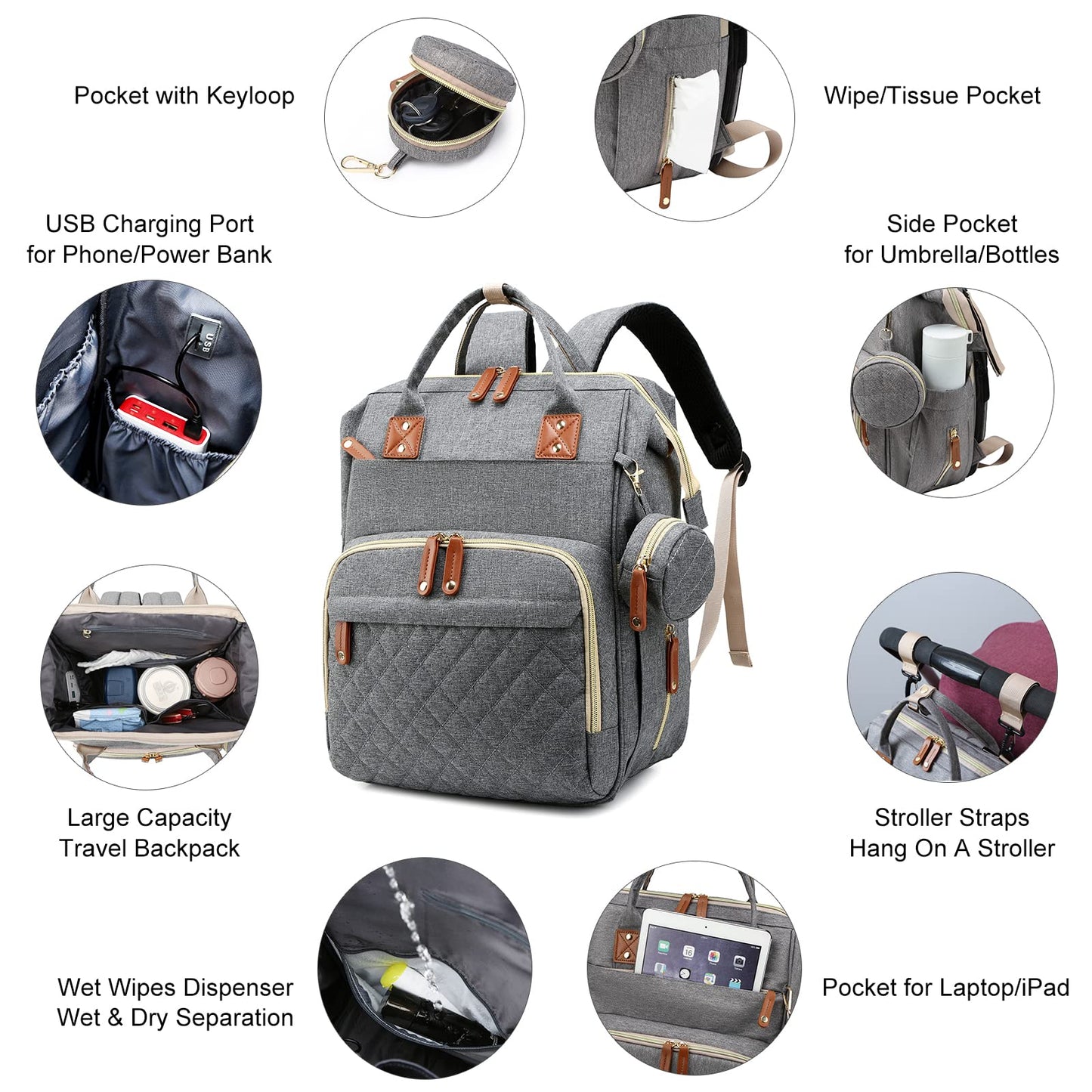 Lamroro Diaper Bag with Changing Station, Waterproof 3 in 1 Baby Diaper Backpack with Foldable Changing Pad, Large Travel Back Pack for Baby Girl Boy, Grey