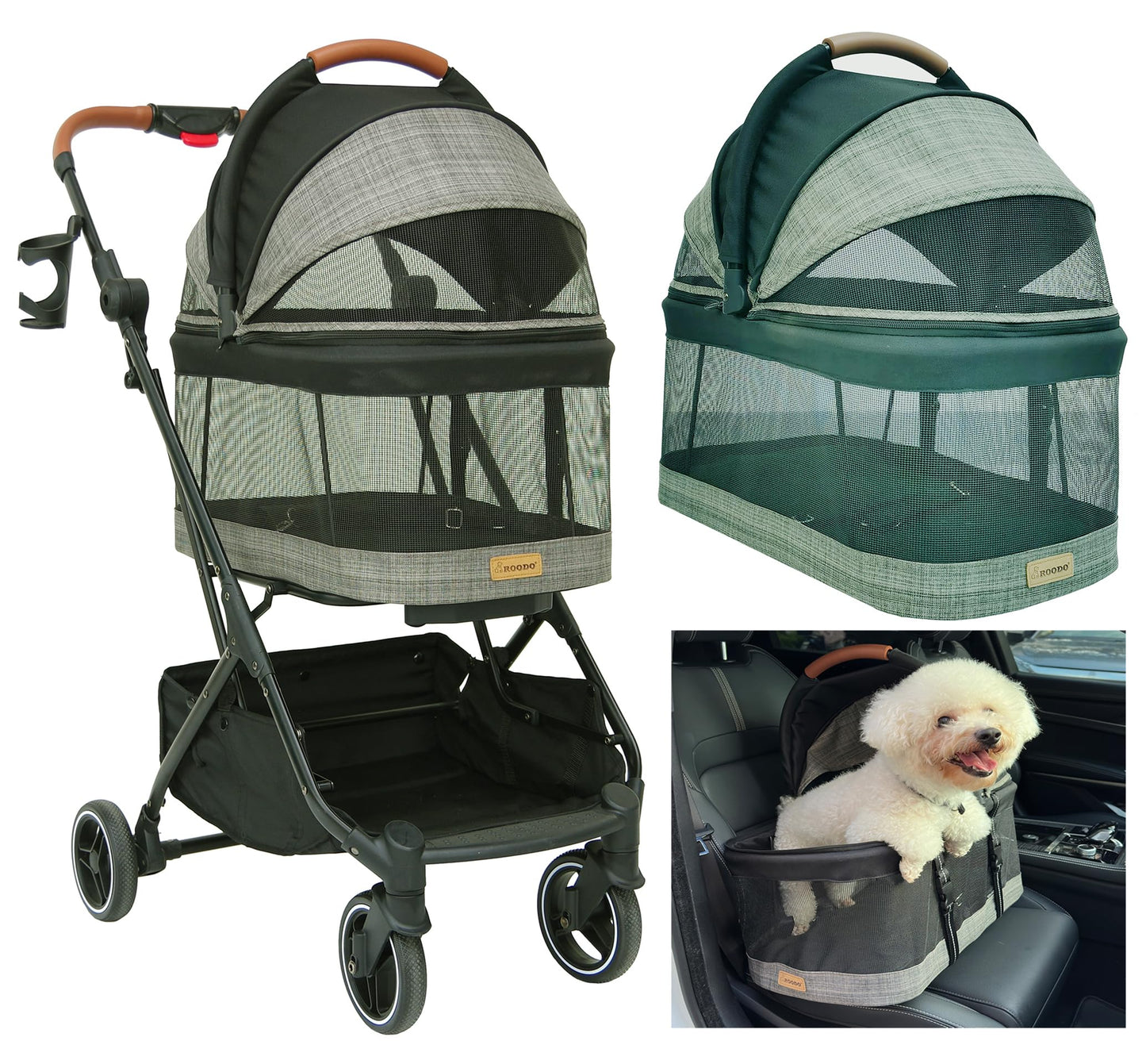 ROODO 2026 Upgraded Version 3-in-1 Dog Cat Stroller with Detachable Carrier Folding Lightweight Portable Travel Pet Gear All-Terrain Puppy Doggie Kitty Bunny Stroller for 35 lbs(Grey Lattice)