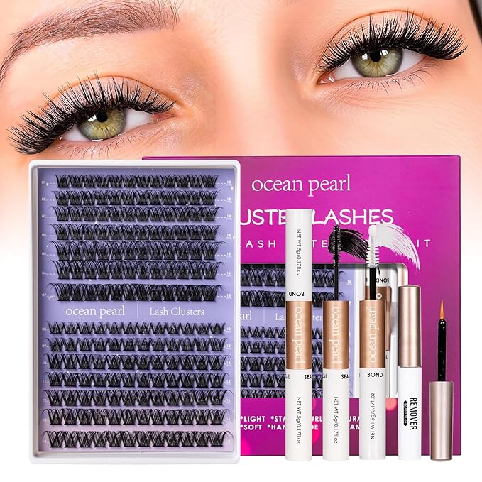 Ocean Pearl Lash Clusters Kit 168pcs 10-18mm manga/anime-inspired lashes clusters,spike-effect cluster lashes,Eyelashes,DIY Cluster Eyelash Extensions kit with lash bond+seal+remover+tweezers-DM01+M38