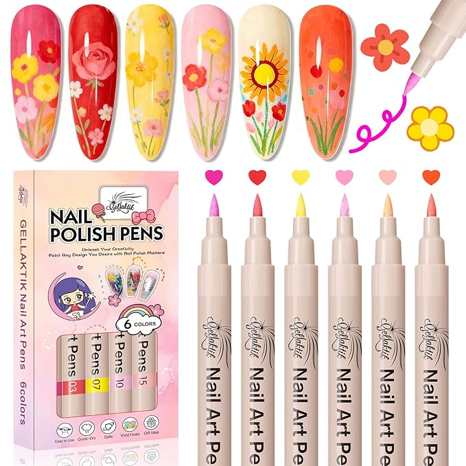 6 Colors Nail Art Pens Set, 3D Nail Polish Pens Quick-Drying Acrylic Paint Markers, Dotting Liner Brush for DIY Nail Design, Home & Salon Manicure Tools
