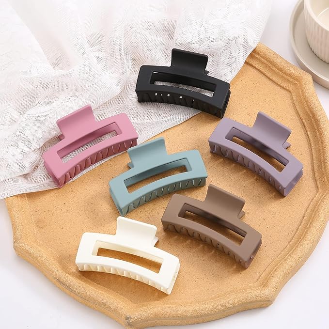 Auseibeely 6 Pack Square Claw Clips, Hair Clips for Women Girls, 3.5" Medium Non-slip Rectangular Claw, Strong Jumbo Matte Hair Clips for Thin Hair