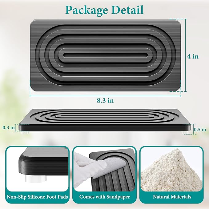 Water Absorbing Stone Tray for Sink, Quick Drying Diatomite Bathroom Tray Countertop, Stone Drying Mat for Kitchen Counter Faucet, Soap Dish Dispenser Vanity Organizer, Dark Grey-A-8.3" x 4"