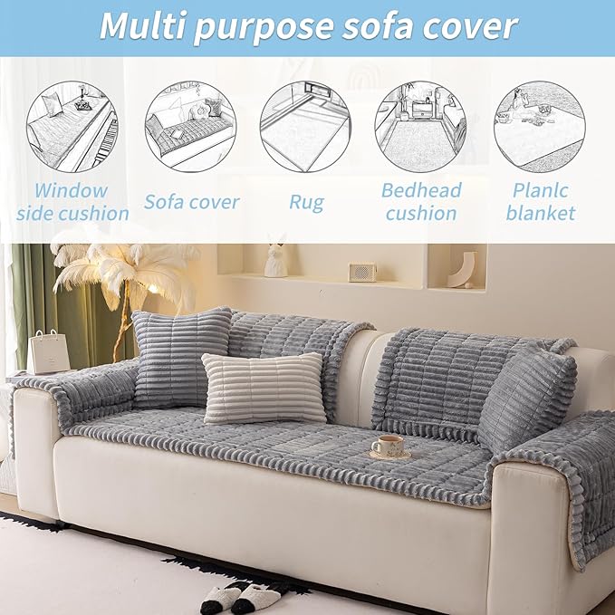 Couch Cover for Dogs Washable,Non Slip Fuzzy Durable Couch Covers for 3 Cushion Sofa Pet Friendly Sofa Cover Dog Thick Soft Slipcovers Protector Couches Mat Bed (Light Grey 27.6 "x 82.7"/70 x 210cm)