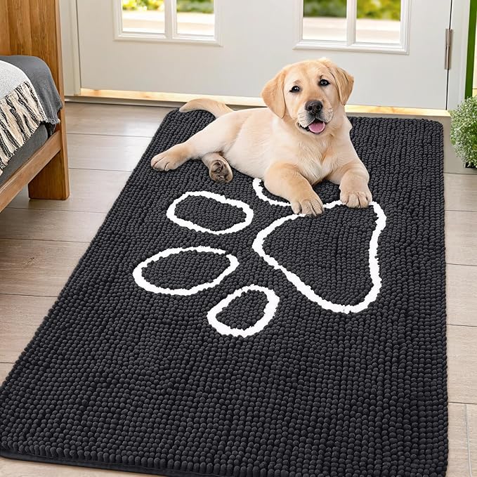 Smiry Dog Door Mat for Muddy Paws, Absorbent Dirt Trapper Non Slip Quick Dry Washable Chenille Mat for Mud Dogs, Entry Rug for Indoor and Outdoor (47x32 Inches, Black and White)