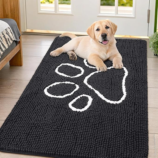 Smiry Dog Door Mat for Muddy Paws, Absorbent Dirt Trapper Non Slip Quick Dry Washable Chenille Mat for Mud Dogs, Entry Rug for Indoor and Outdoor (47x32 Inches, Black and White)