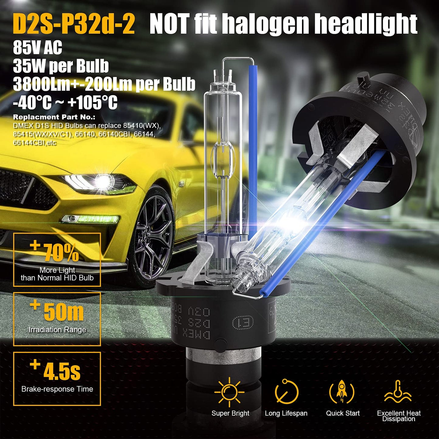 DMEX D2S HID Headlight Bulbs Xenon 35W Replacement 85122 66240 66040 66240CBI - Pack of 2, 6000K Cool White (Not fit Halogen Headlight)