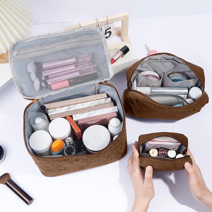 MAGEFY Small Makeup Bag for Purse Mini Cosmetics Bag Corduroy Cute Cosmetic Pouch for Women with Slip-in Pockets