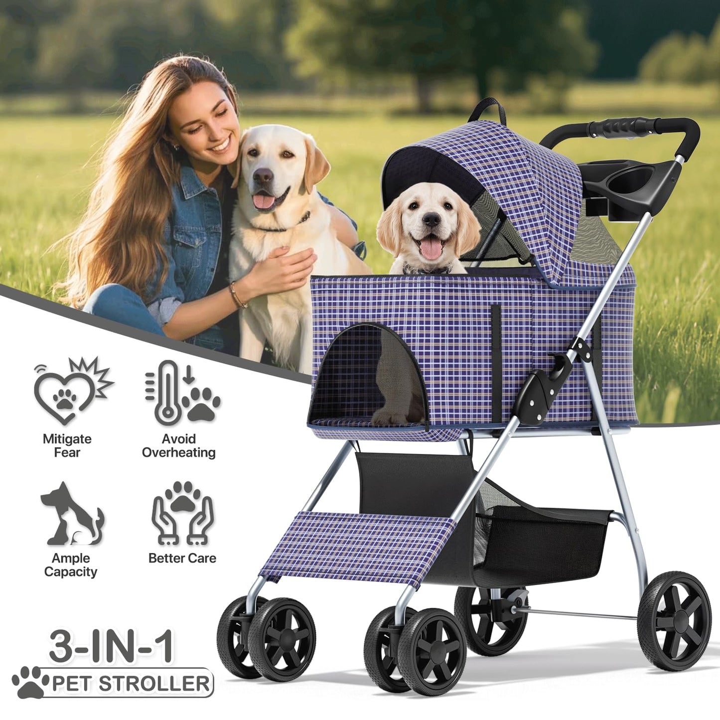MoNiBloom 3 in 1 Foldable Pet Stroller for Small & Medium Dogs, Detachable Carrier, Car Seat, Push Button Entry, 4-Wheel Jogger for Pets up to 33 lbs, Plaid