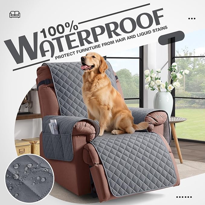 KinCam 100% Waterproof Recliner Chair Cover, Reclining Couch Covers for Pets, Dogs, Recliner Couch Slipcover Furniture Protector with Elastic Straps for Kids(23.6", Dark Gray)