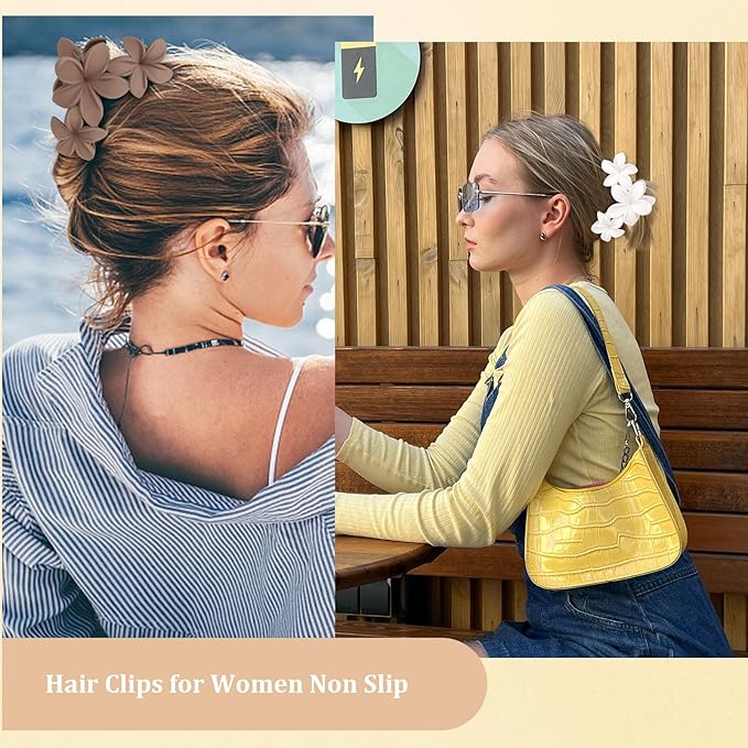 Ondder 4 Pcs Flower Large Matte Non-Slip Claw Hair Clips for Women and Girls - Thick Hair Strong Hold Jaw Clips and Accessories