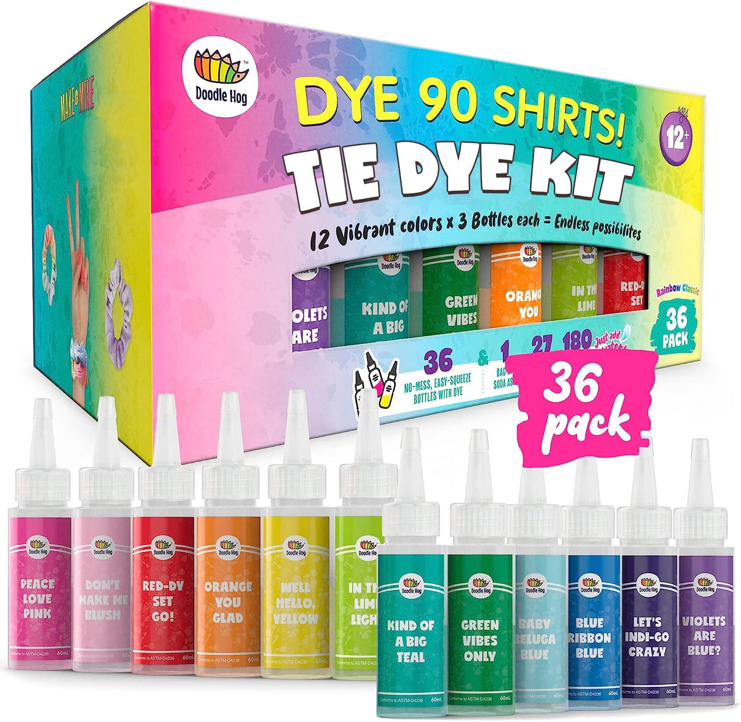 DOODLE HOG Tie Dye Kit for Kids & Adults - 36 Large Tye Dye Bottles with 12 Colors & Tie Dye Powder, Soda Ash, Gloves - Tie Dye Kits for Large Groups