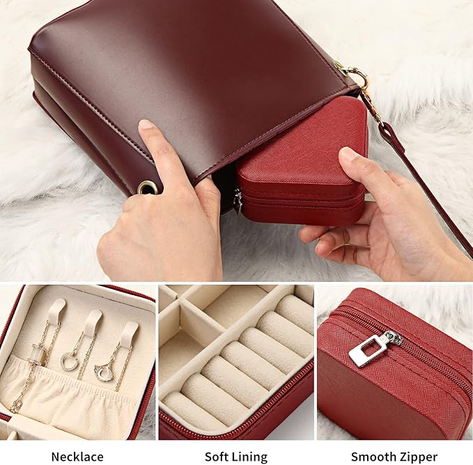 Mini Jewelry Travel Case, Small Travel Jewelry Organizer PU Leather, Portable Display Storage Box for Rings, Earrings, Necklaces (Red)