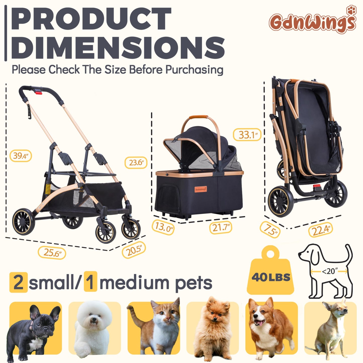 GdnWings Pet Stroller for Small Dogs, Lightweight Small Dog Stroller for Dogs Cats with 6 Shock Absorption System, Detachable Carrier Suitable for Car Seat & Hand Carry, Safe Outings, Black
