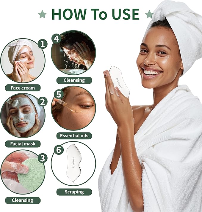 Gua Sha Facial Tools Stainless Steel & Compressed Facial Sponges, Detail Metal GuaSha and Natural Spa Sponges for Facial Cleansing Skin Care，Guasha Stone Face Sculpting Tool