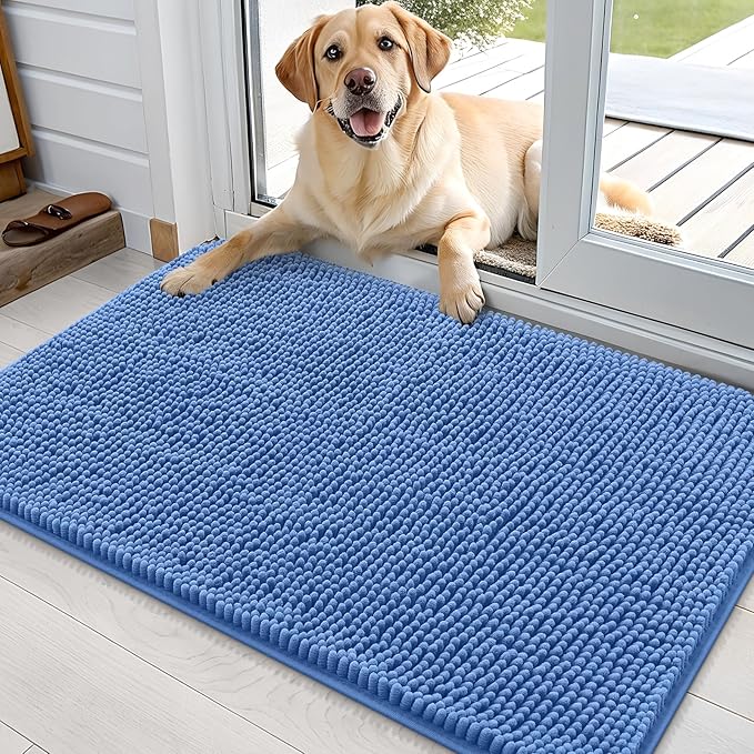 OLANLY Dog Door Mat for Muddy Paws 35x24, Absorbs Moisture and Dirt, Absorbent Non-Slip Washable Doormat, Quick Dry Chenille Mud Mat, Entry Indoor Entryway Carpet for Inside Floor, Cornflower Blue