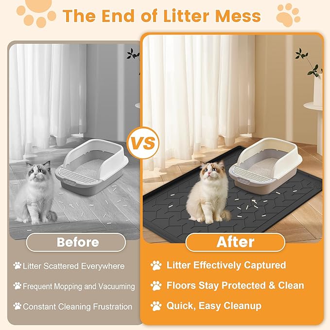 Cat Litter Mat, Extra Large 40"x28" Silicone Mat for Litter Box, Waterproof & Non-Slip Rubber Mat with Lip, Litter Trapping & Scatter Control, Soft on Cat Paws, Urine-Proof Floor Protector