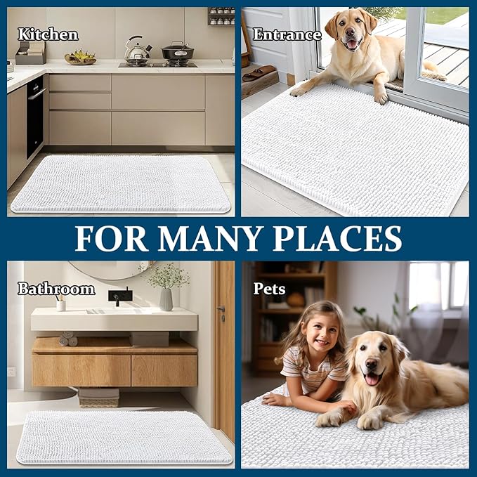 OLANLY Dog Door Mat for Muddy Paws 24x16, Absorbs Moisture and Dirt, Absorbent Non-Slip Washable Doormat, Quick Dry Chenille Mud Mat for Dogs, Entry Indoor Entryway Carpet for Inside Floor, White