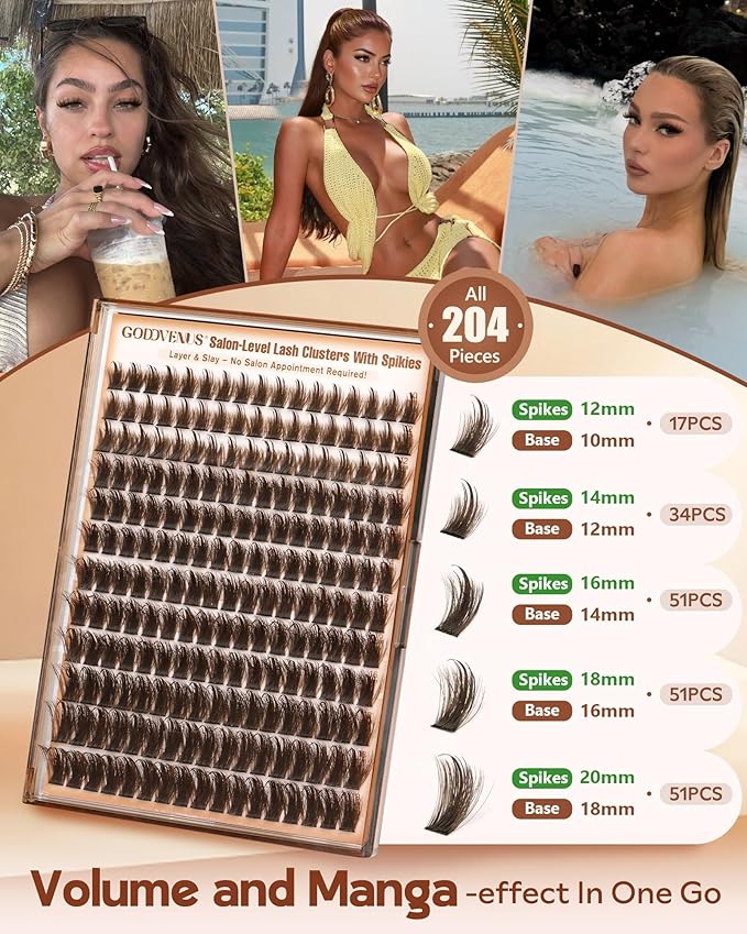 Manga Lash Clusters With Spikes Wispy Brown Cluster Eyelash Extensions Fluffy Anime Eyelashes Clusters Reusable Faux Mink Fairy Individual Lash Extension (D Curve 12-20mm 204 pieces)