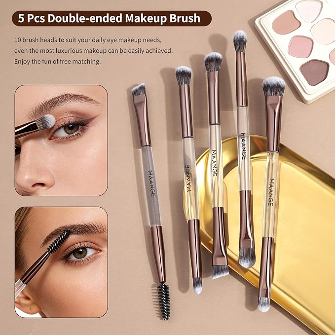 MAANGE 7 PCS Foundation Makeup Brush Set With Bag, Make up Brushes, Eyeshadow Concealer Brush, Double-ended Foundation Contour Powder Blush, Professional Face brush Set Tools For Liquid,Cream (Gray)