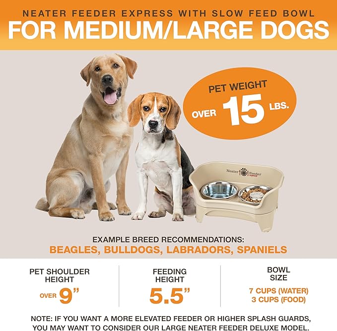 Neater Feeder - Express Model w/ Slow Feed Bowl - Mess-Proof Dog Bowls (M/L, Almond) Made in USA – Elevated, No Spill, Non-Tip, Non-Slip, Raised Stainless Steel Food/Water Pet Bowls Aid Digestion