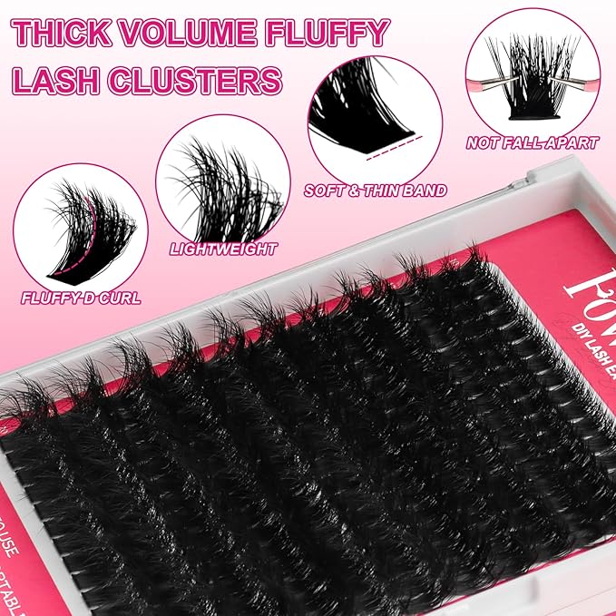 Fowendia Lash Clusters Kit Fluffy 200D Individual Lashes D Curl Cluster Eyelash Extensions 10-18mm DIY Lash Extension Kit Lash Bond and Seal Waterproof, Lash Applicator, Thick False Eyelashes Kit