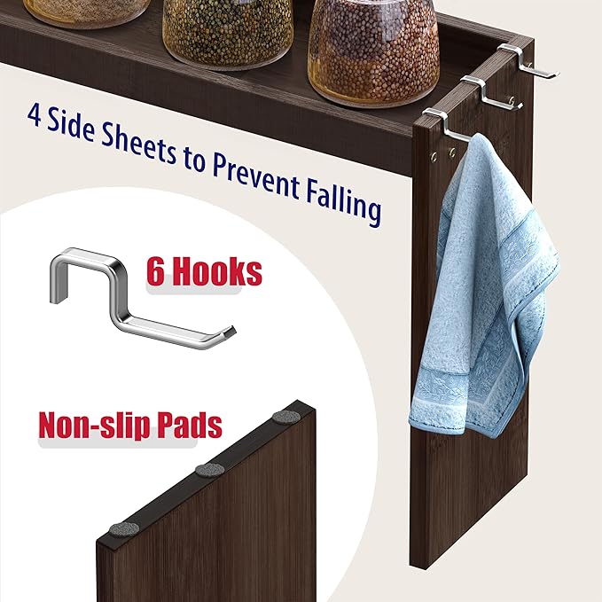IIIOIIIA Bamboo Over the Stove Spice Rack Organizer Shelf for Kitchen, 31.5" with 6 Hooks, 11.4" Height Extra Storage Countertop, Easy to Assemble, Walnut