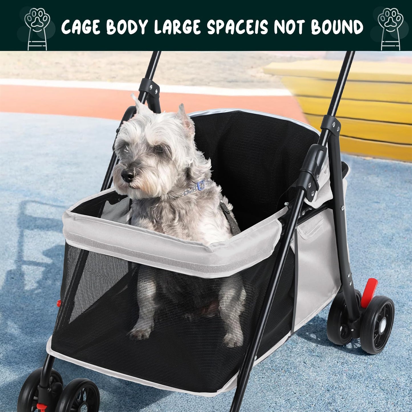 sxvbdway 4 Wheels Pet Stroller for Medium Small Dog up to 50lbs, Dog Cat Stroller, Outdoor Travel Pet Folding Strollers, Cat Cage Strollers with Cup Holder, Breathable and Visible Mesh (1 Set-Grey)