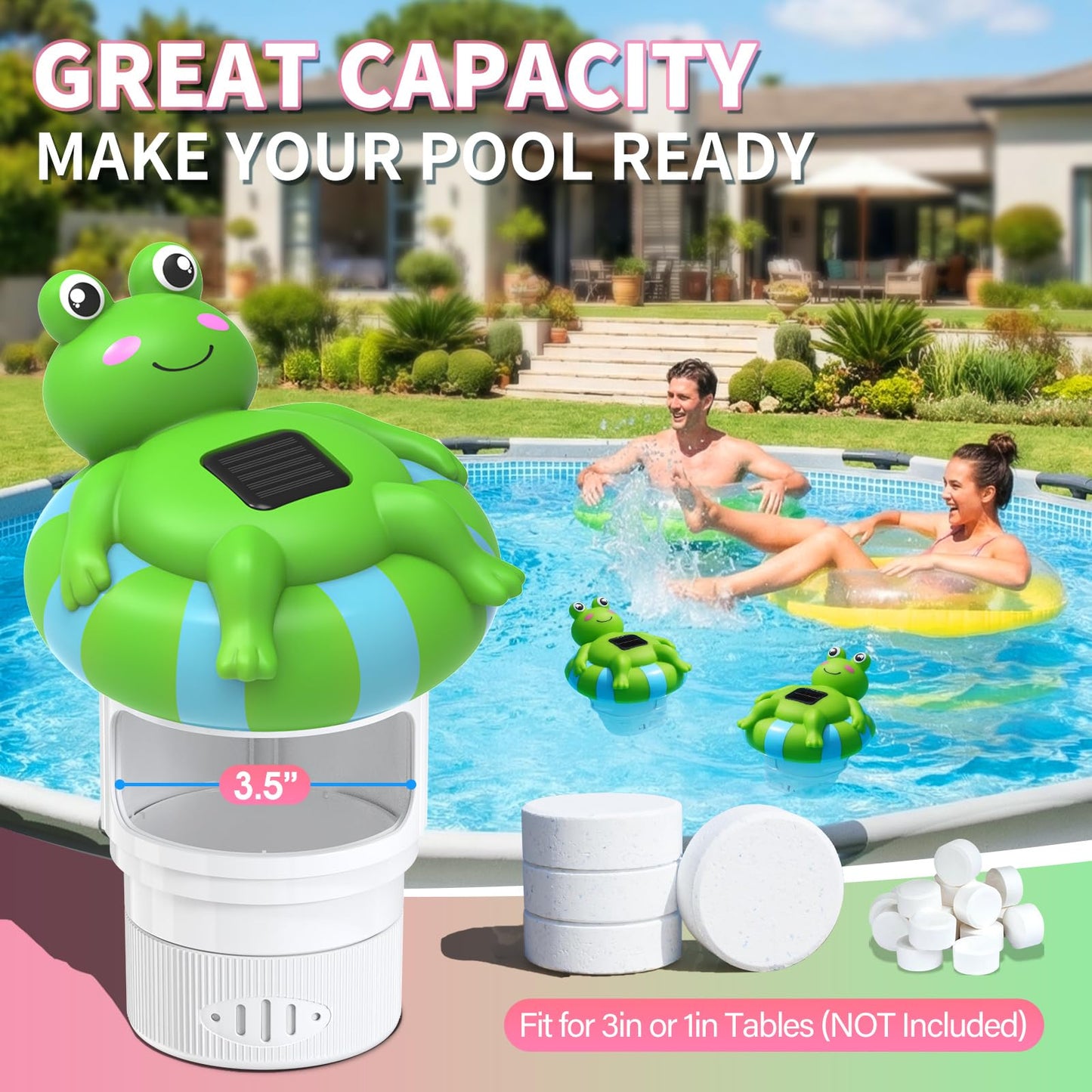 Blufree Pool Chlorine Floater, Frog Solar Chlorine Floater Glow in The Dark Fits 4x3'' Tablets, Adjustable Flow & Large Capacity Floating Chlorine Dispenser for Pool, Hot Tub Spa (Green, 9 in)