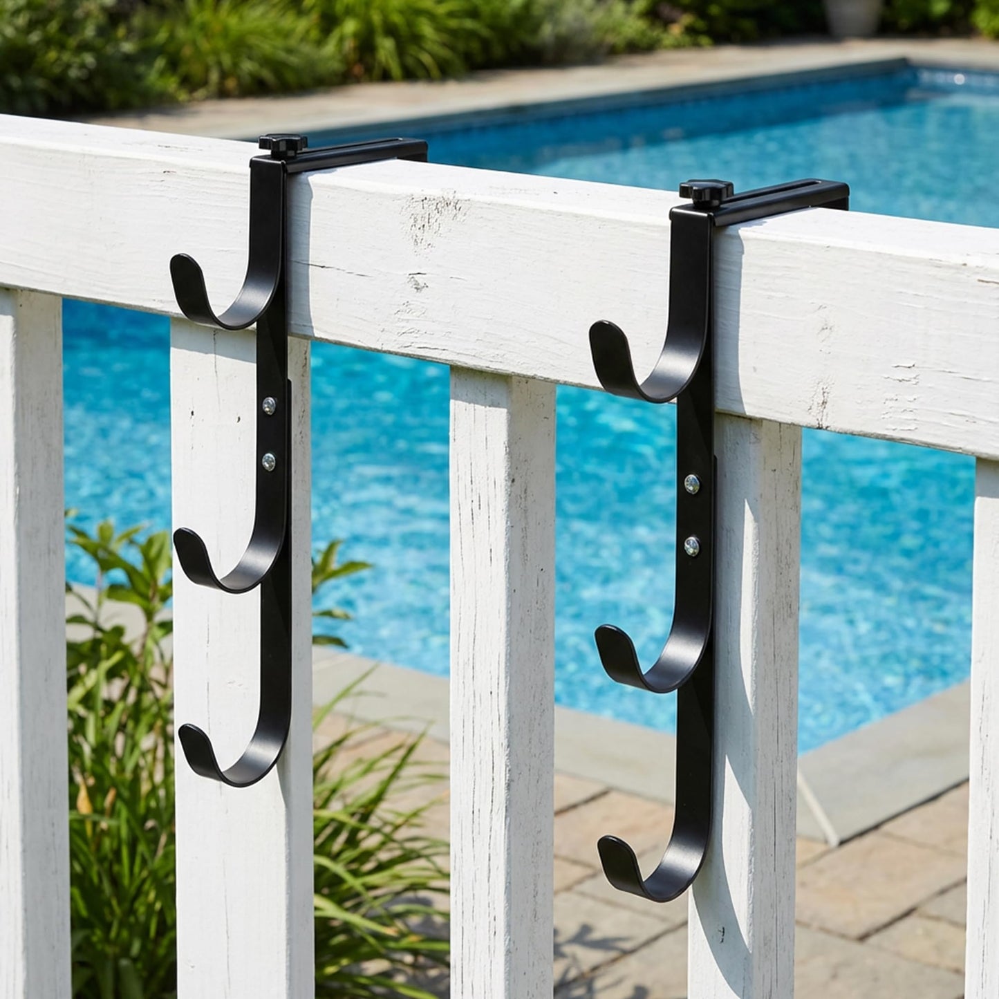 2 Pcs Black Pool Fence Hooks for Pool Equipment, Adjustable Pool Pole Hanger Holder, Rustproof Swimming Pools Skimmer Pole Hooks for Hanging Tool, Hose, Leaf Rakes, Nets Pool-Accessories (Black)