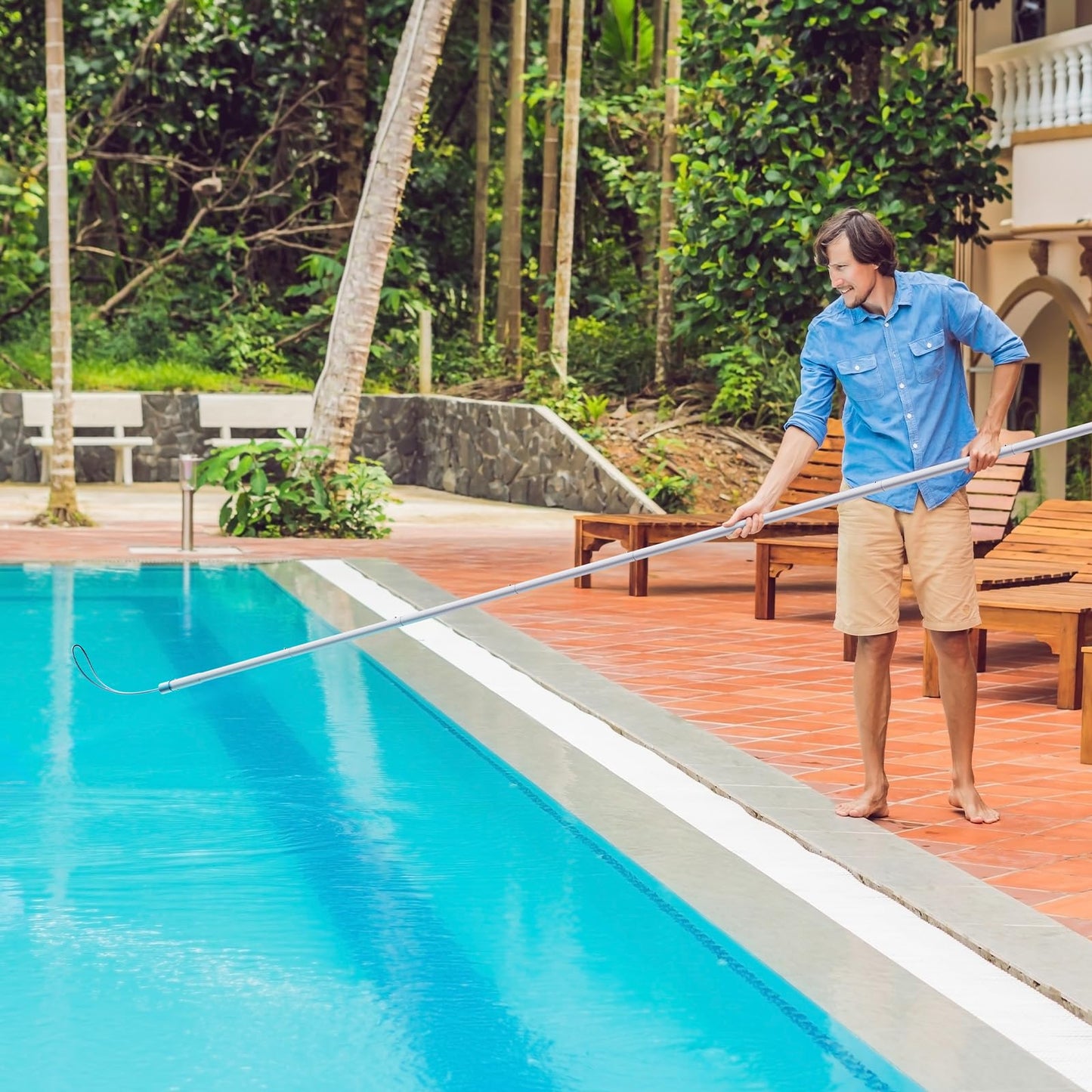 Mowend 10.5 Foot Aluminum Telescopic Swimming Pool Pole - 8 Adjustable Connecting Sections, Expandable Step-Up Length - Attach Connect Skimmer Nets, Rakes, Brushes, Vacuum Heads, Maintenance