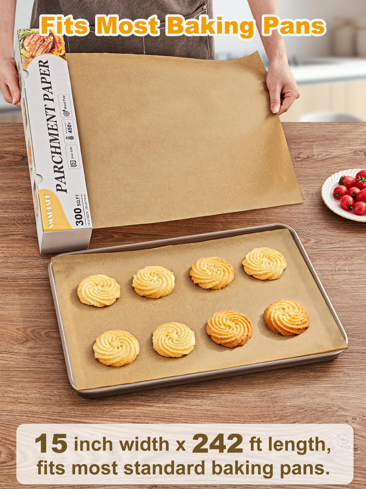 SMARTAKE Parchment Paper Roll for Baking, 15 in x 242 ft, 300 sq.ft, Non-Stick Baking Paper Sheets with Slide Cutter, Heavy Duty Extra Long, for Kitchen Baking Cooking Grilling Steaming, Unbleached