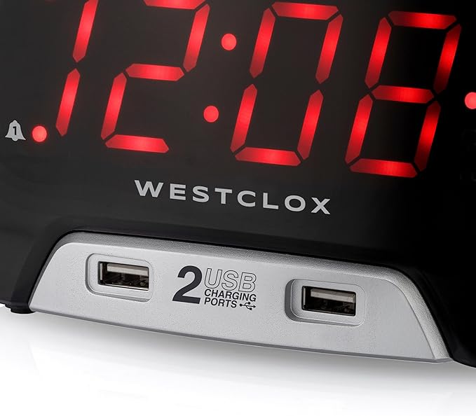 Westclox Large 1.4” Red LED Digital FM Clock Radio with Dual USB A & C Charging Ports, Adjustable Brightness, Dual Alarms & Sleep Timer – Modern Alarm Clock for Bedroom, Home, or Office (Black)