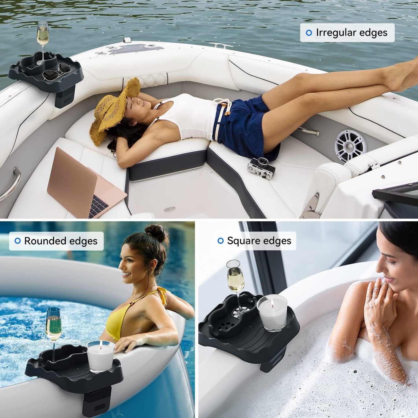 Anivia Hot Tub Table Tray, Adjustable Width 4.3" to 7.7" Hot Tub Accessories for Intex PureSpa, Nonslip Caddy Holds 2 Drinks, Keep Snacks-Drinks Handy and Dry,Fits Outdoor Inflatable Spa/Pool (Gray)