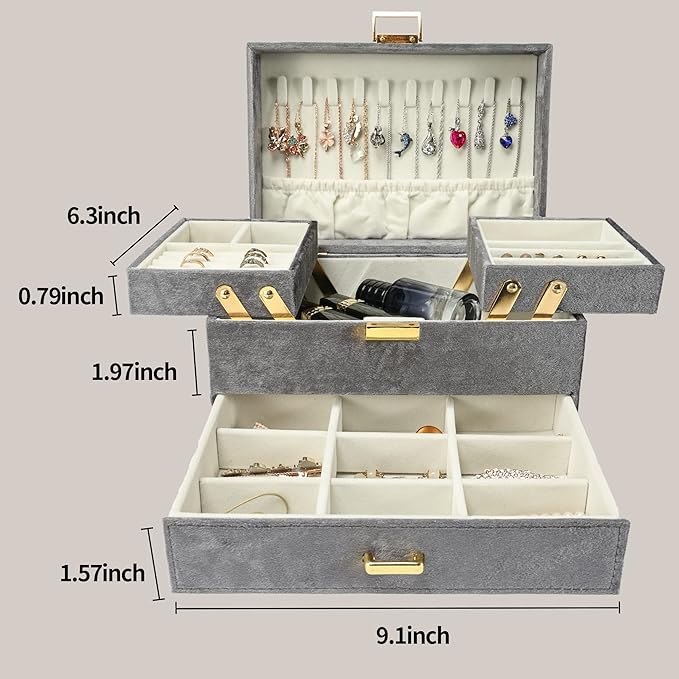 Dajasan Jewelry Organizer Box, Large Velvet Jewelry Boxes for Women Girls, Space-Saving 3 Layers Jewelry Storage Case with Drawer, Movable Metal Stand, Modern, Gift Idea (Grey)