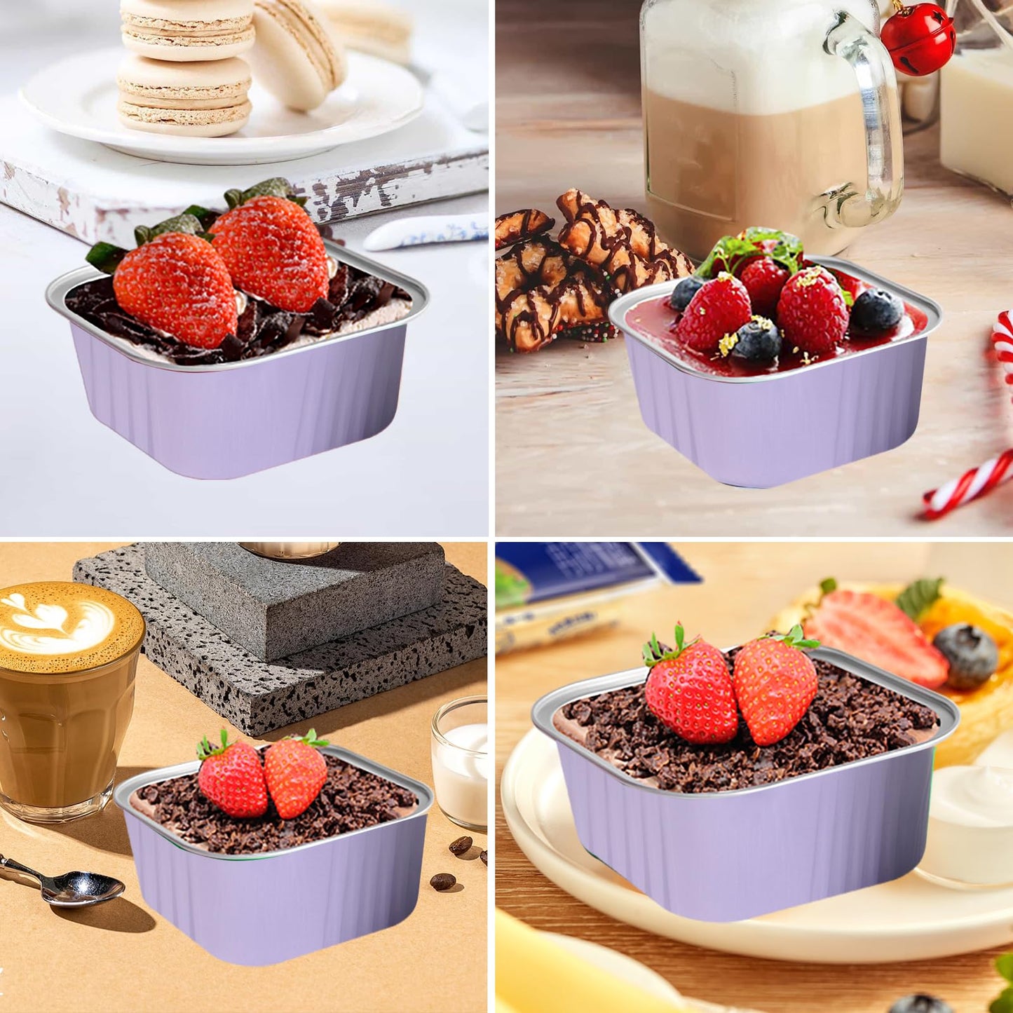 50 Pcs Mini Square Baking Cups with Lids,10oz Aluminum Foil Mini Cake Pans with Lids,Disposable Ramekins Cake Pans,300ml Dessert Cups Cupcake Pans for Wedding Birthday Party,Purple
