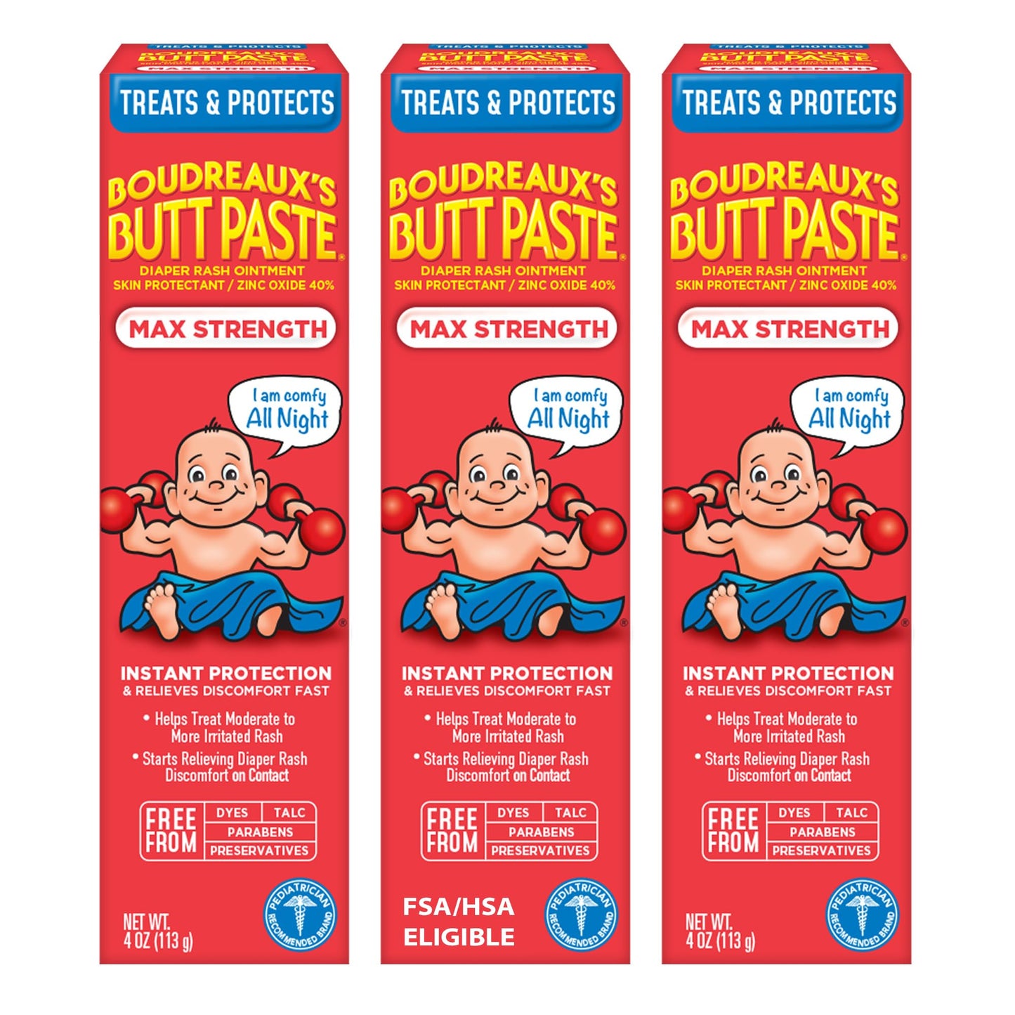 Boudreaux’s Butt Paste Max Strength Diaper Rash Cream for Baby, Ointment With Zinc Oxide, 4 oz Tubes, 3 Pack