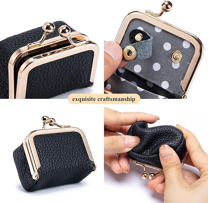 Genuine Leather Mini Jewelry Box, Small Portable Jewelry Organizer Box，Vintage-Inspired Travel Jewelry Case Organizer Kiss Lock for Women for Earring/Ring/Necklace/Bracelet (Golden S 2.56in)