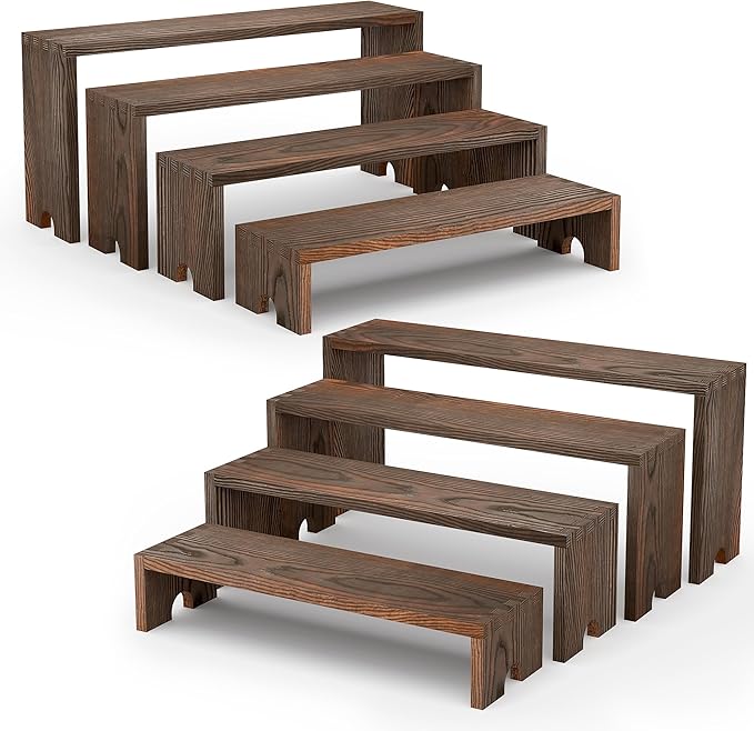 2 Set Wooden Cupcake Stand for Decor, 4 Tiered Stackable Display Risers, Farmhouse Decor Wood Dessert Table Display Set for Party, Vendor Events, Dark Brown