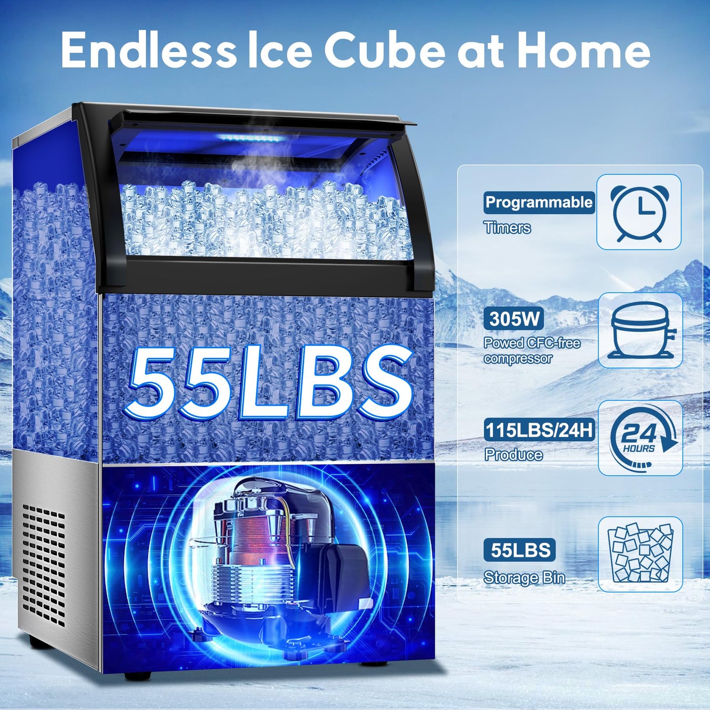 Commercial Gourmet Ice Maker Machine, 115 Lbs/24H, 55 Lbs Storage, Stainless Steel Freestanding/Under Counter Ice Machine with Water Filter & Scoop for Office, Bar, and Restaurant