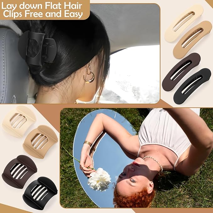 8 Pcs Flat Hair Clips for Women, 2 Styles Large Flat Claw Clips for Women, Strong Hold Non-slip French Hair Clips for Thick Thin Hair, Neutral Color