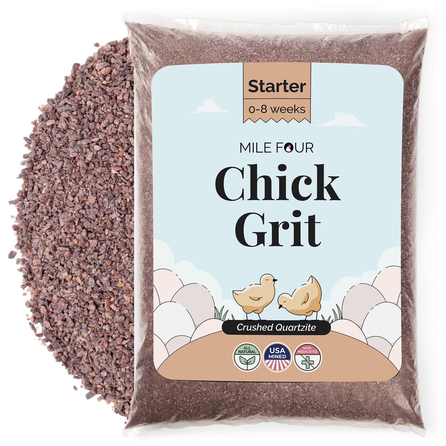 Mile Four Chick Grit (50 lbs) for Baby Chicks Chickens Age 0-8 Weeks, 100% Natural Mineral Chick Grit Quartzite, Poultry Grit Digestive Aid, USA Mined