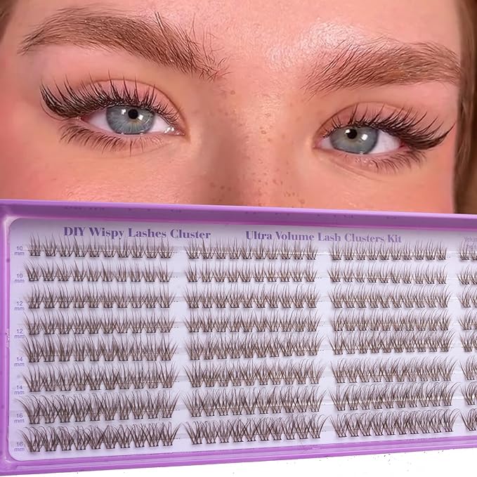Brown Lash Clusters, Natural Wispy Lash Cluster Eyelash Extensions 320 Pcs C Curl 10-16mm Individual Fluffy False Eyelashes Thin Band DIY for Beginners at Home