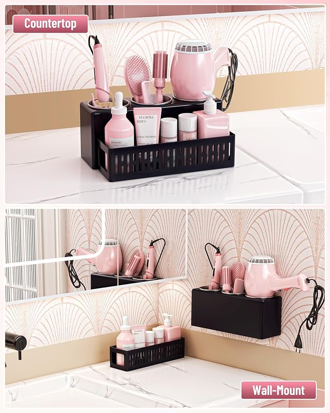 Hair Tool Organizer, Detachable Hair Dryer Holder with 3 Stainless Steel Cups, Wall Mounted Bathroom Organizers and Storage for Accessories, Curling Irons, Straighteners, Toiletries, Makeup
