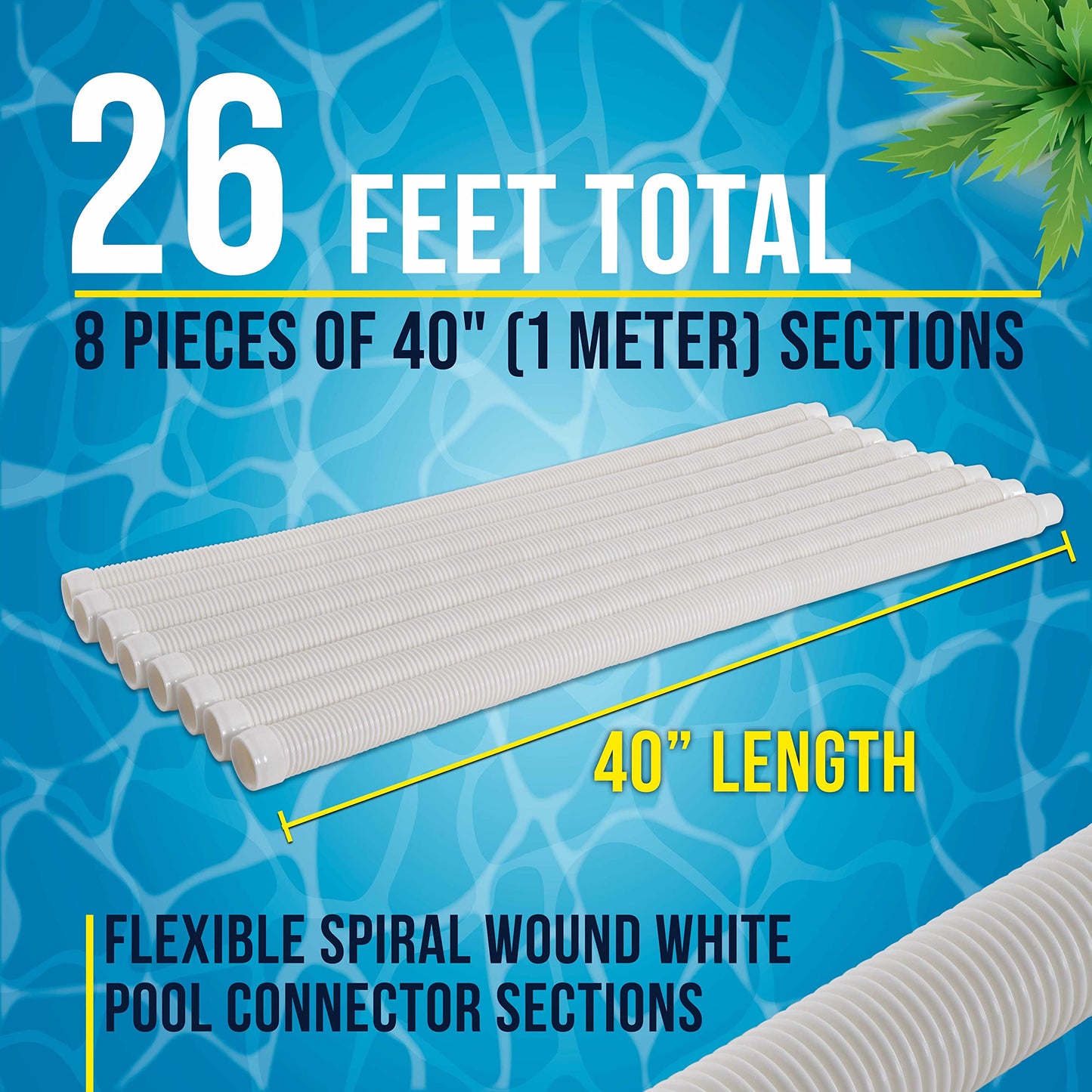 U.S. Pool Supply Pool Vacuum Hose, 8 Piece Pool Hose Set - 40" White Flexible Spiral Wound Connector Sections with 1.5" Male & Female Cuff Ends, Replacement Fits Most Inground Automatic Cleaner Brands