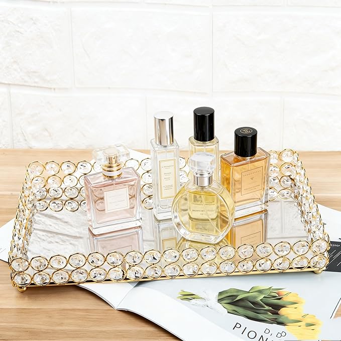 Feyarl Crystal Perfume Fragrance Tray Cosmetic Makeup Vanity Tray Jewelry Trinket Ring Earring Display Organizer Decorative Skin Care Storage for Home Dresser Countertop(13.7 x 7.87 inch)
