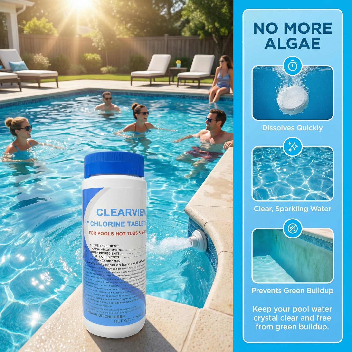 ClearView Stabilized Chlorine Tablets 1 Inch 2 Lbs for Pools, Slow-Dissolving 1" Chlorinating Tablets Sanitizer for Spas and Hot Tubs